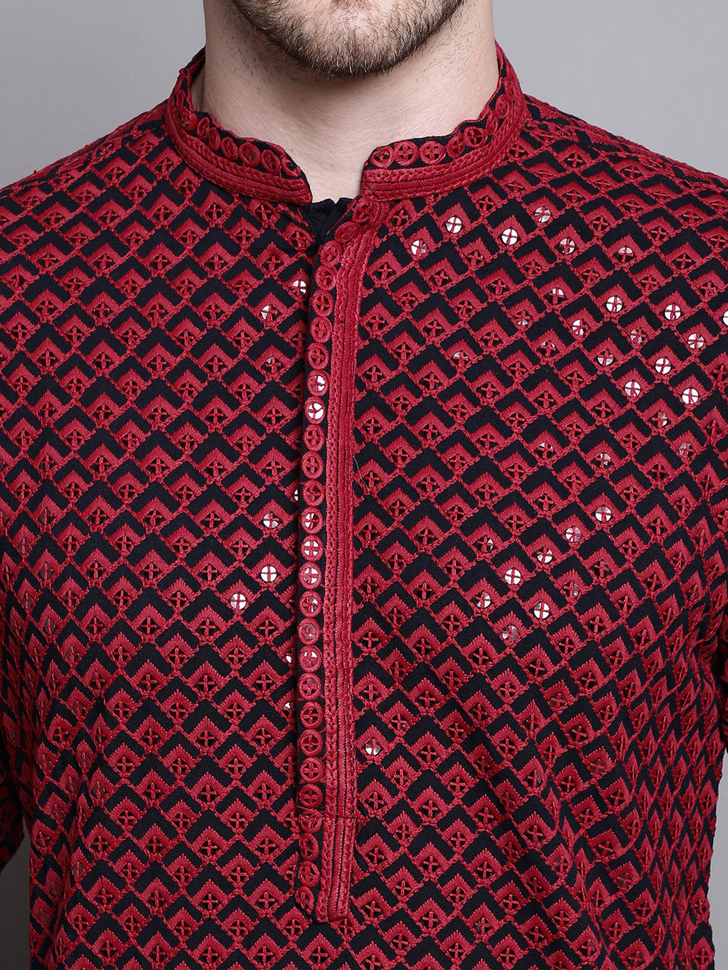 Jompers Men's Sequin Embroidered Pure Cotton Kurta with Pyjamas - Red