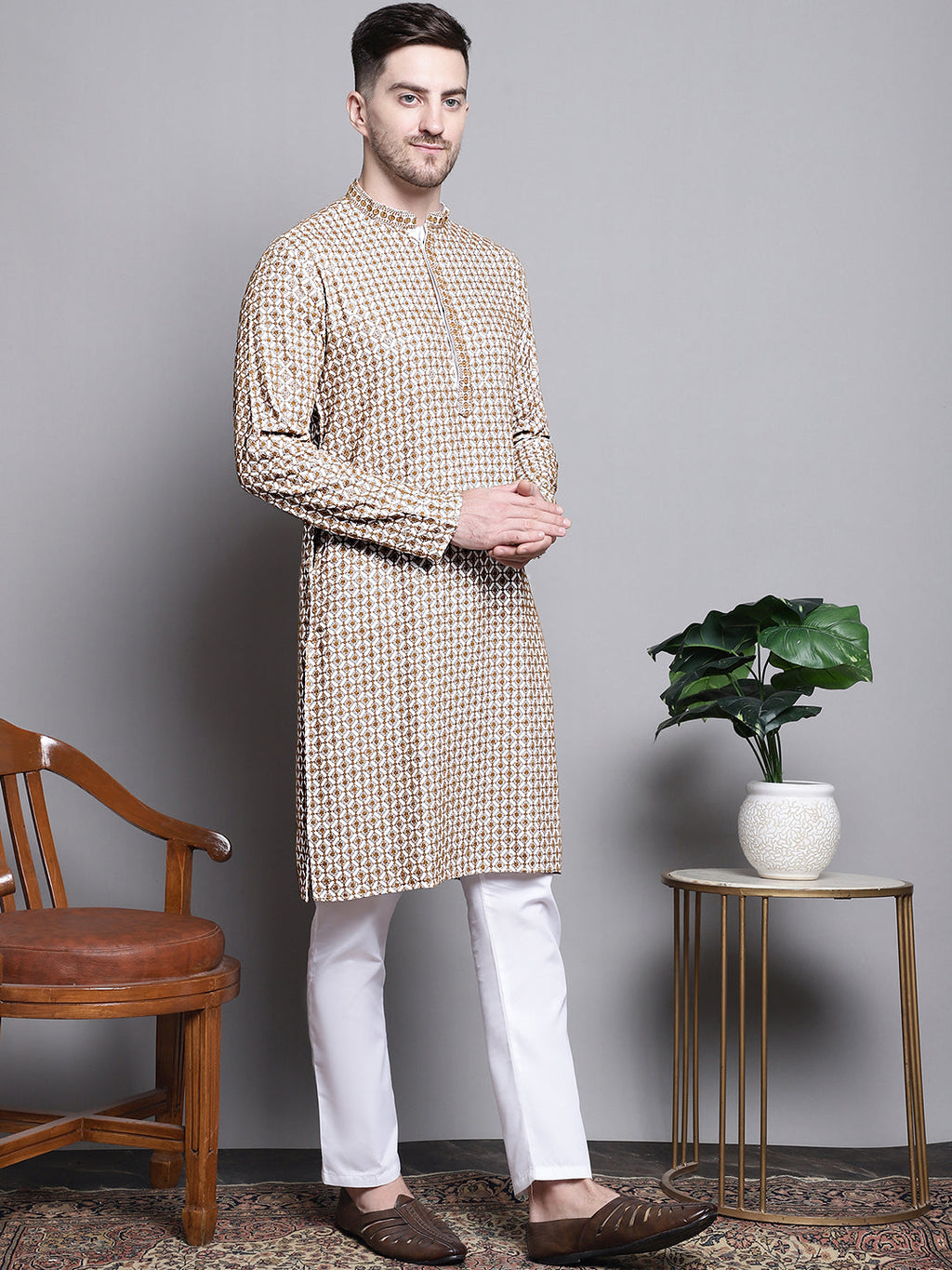 Jompers Men's Sequin Embroidered Pure Cotton Kurta with Pyjamas - Cream
