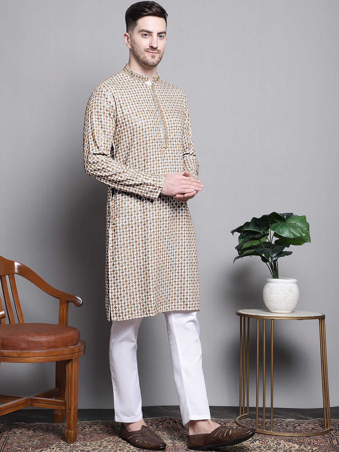 Jompers Men's Sequin Embroidered Pure Cotton Kurta with Pyjamas - Cream