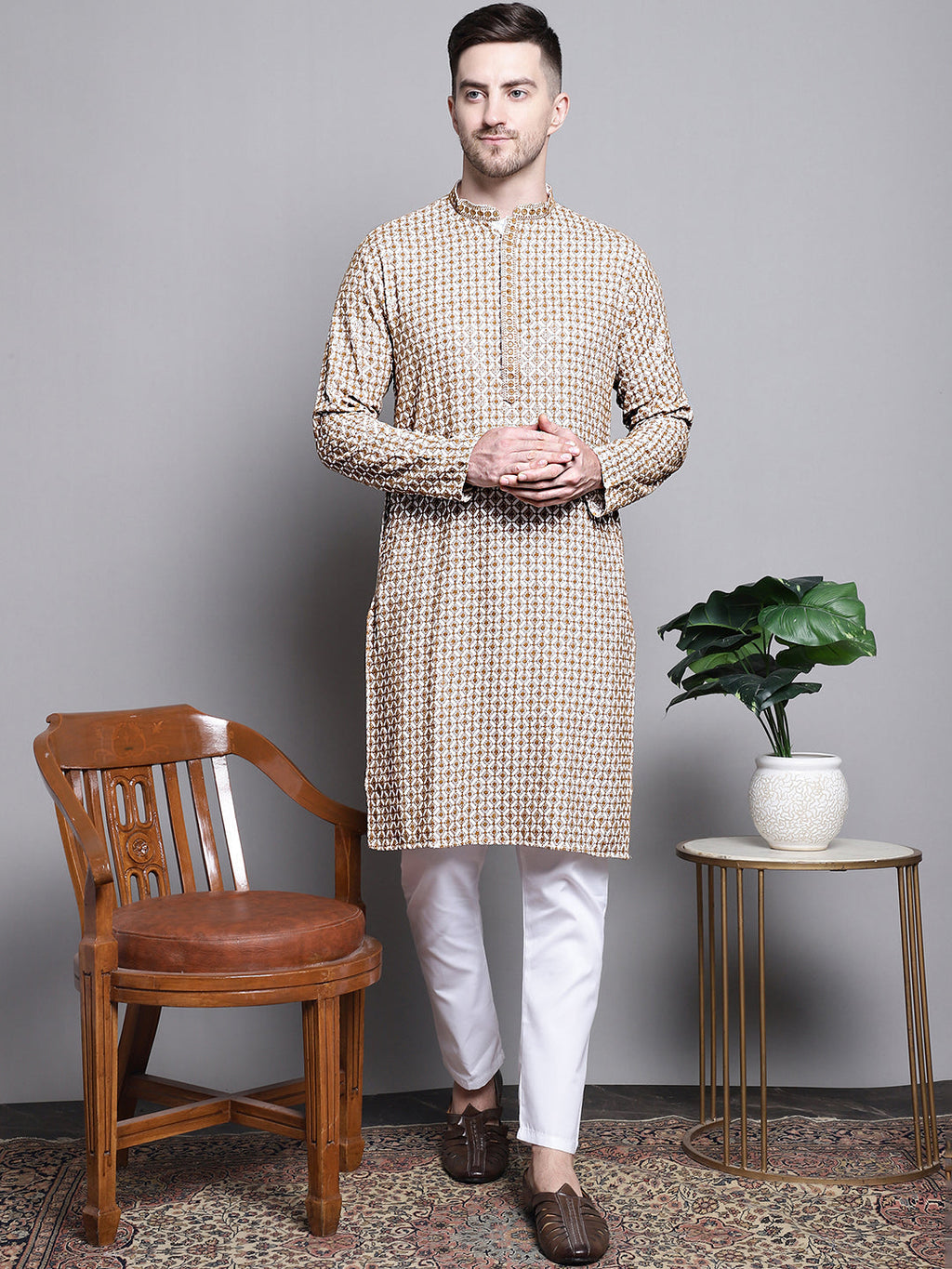 Jompers Men's Sequin Embroidered Pure Cotton Kurta with Pyjamas - Cream