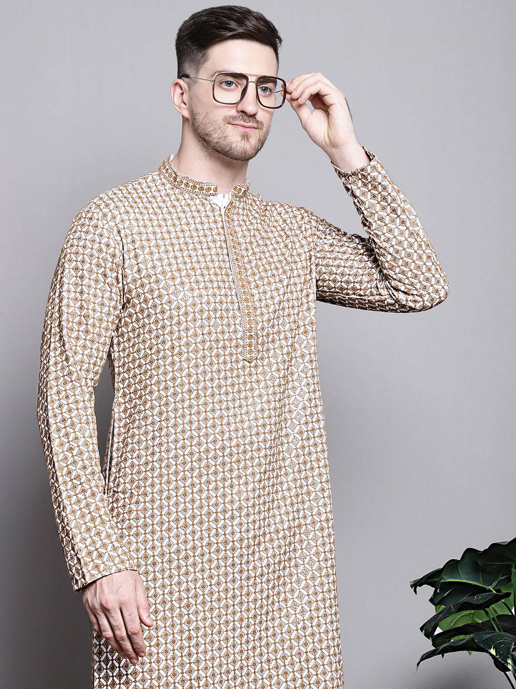 Jompers Men's Sequin Embroidered Pure Cotton Kurta with Pyjamas - Cream