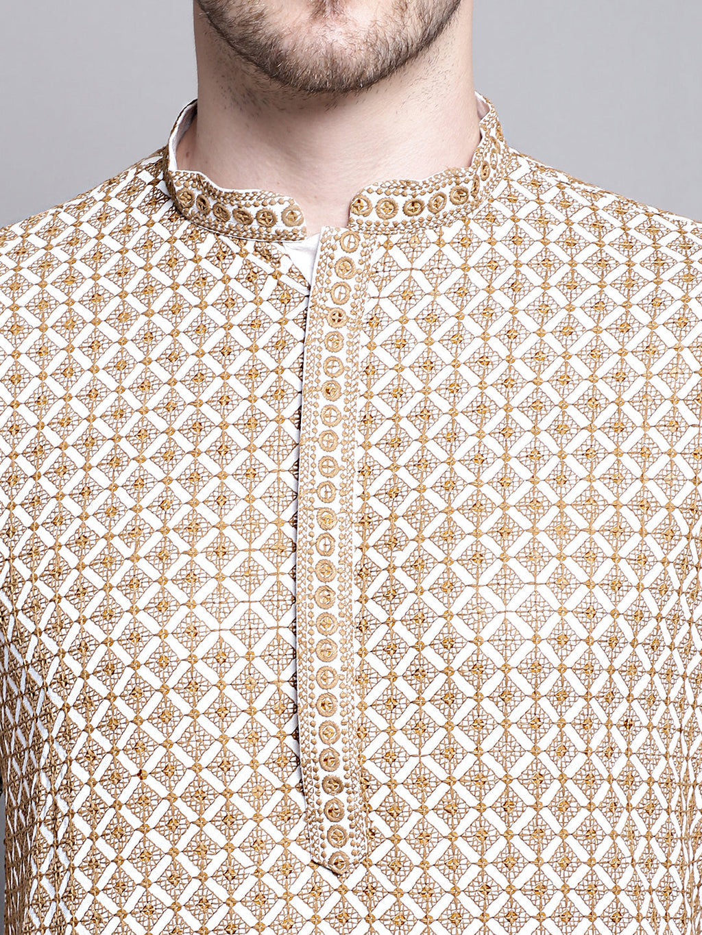 Jompers Men's Sequin Embroidered Pure Cotton Kurta with Pyjamas - Cream