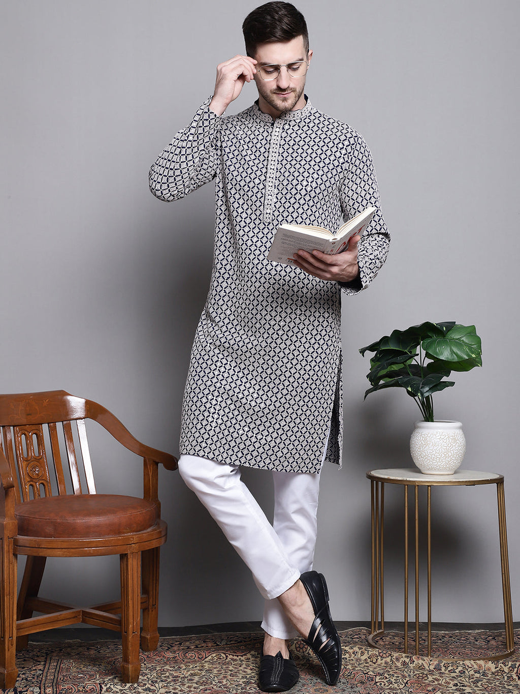 Jompers Men's Sequin Embroidered Pure Cotton Kurta with Pyjamas - Navy Blue