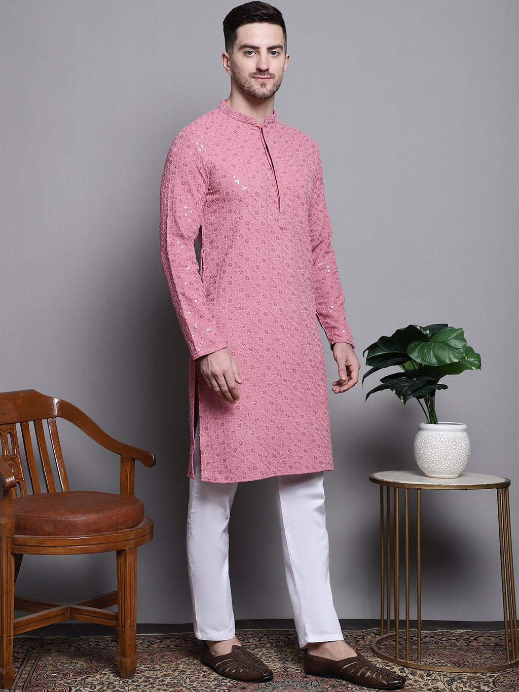 Jompers Men's Sequin Embroidered Pure Cotton Kurta with Pyjamas - Coral