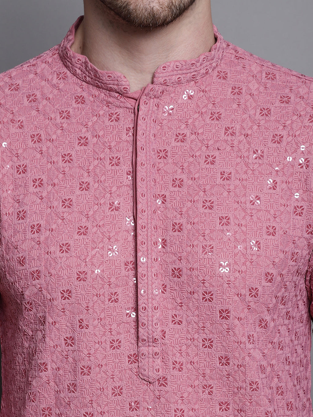 Jompers Men's Sequin Embroidered Pure Cotton Kurta with Pyjamas - Coral