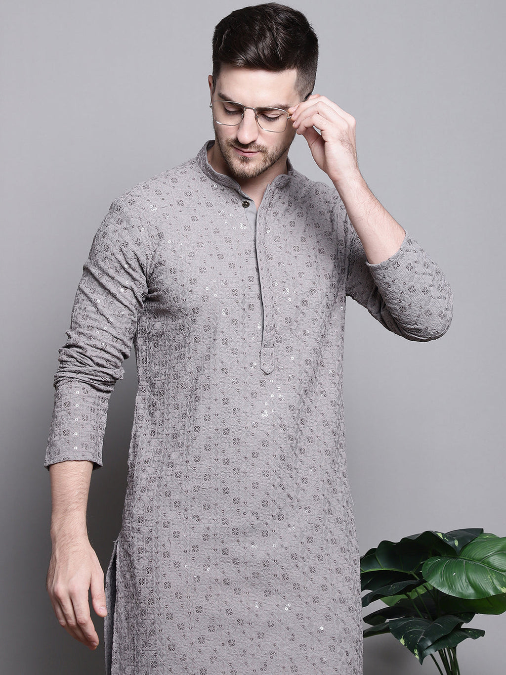 Jompers Men's Sequin Embroidered Pure Cotton Kurta with Pyjamas - Grey