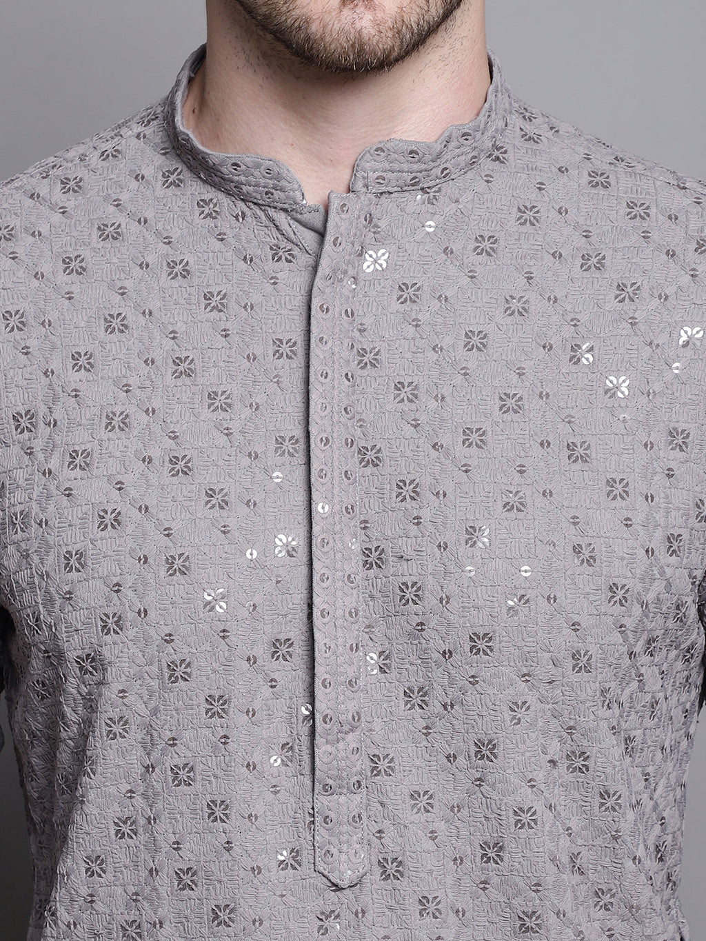 Jompers Men's Sequin Embroidered Pure Cotton Kurta with Pyjamas - Grey