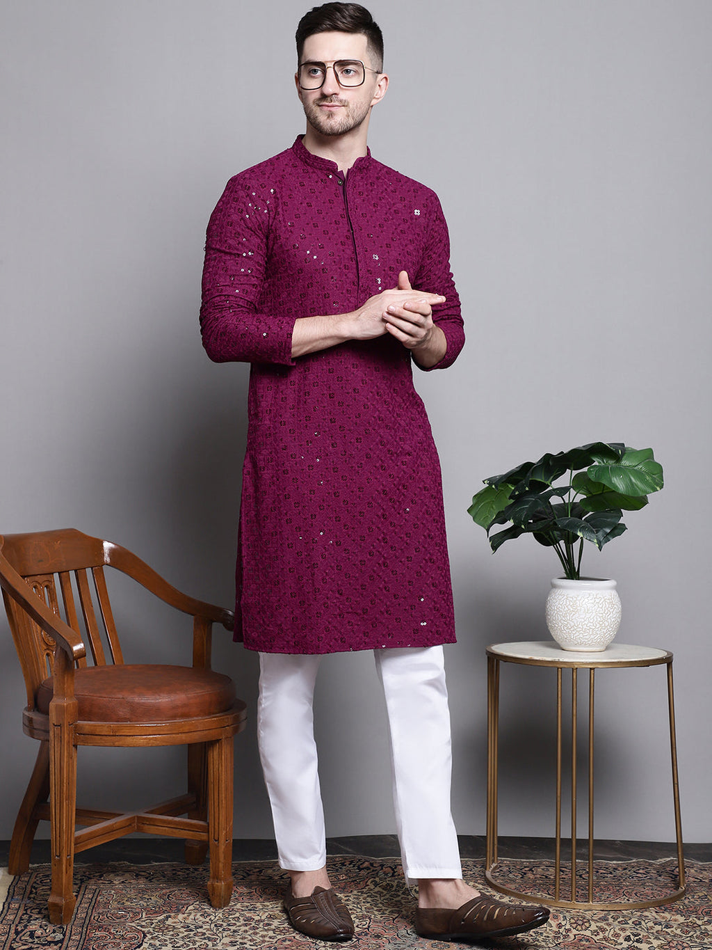 Jompers Men's Sequin Embroidered Pure Cotton Kurta with Pyjamas - Purple