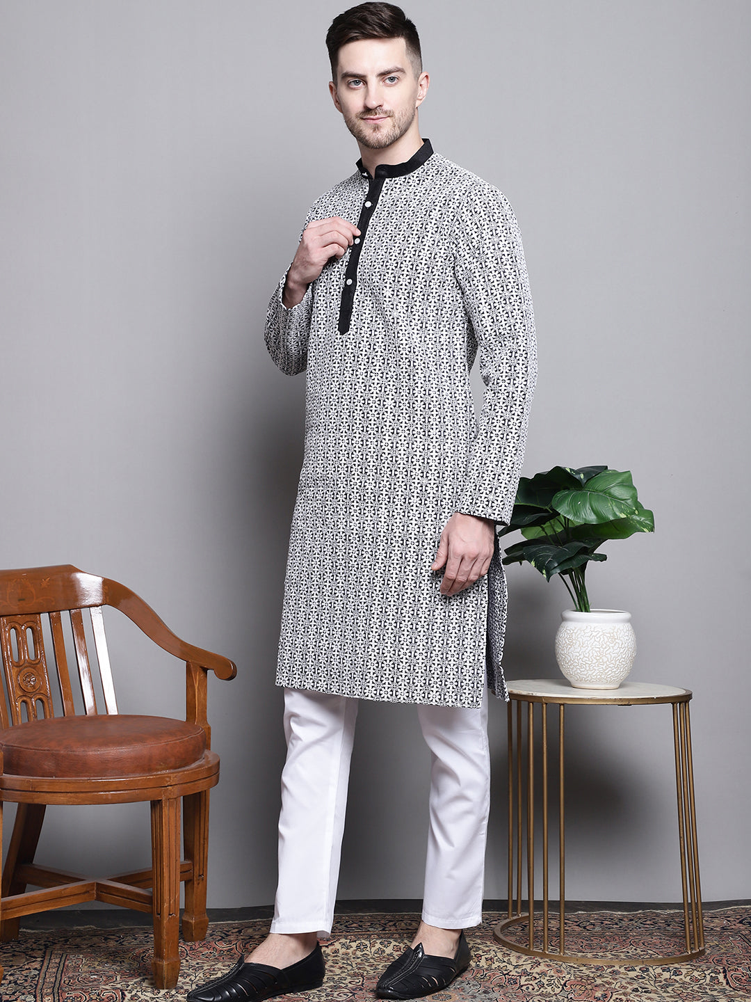 Jompers Men's Sequin Embroidered Silk Blend Kurta with Pyjamas - Black