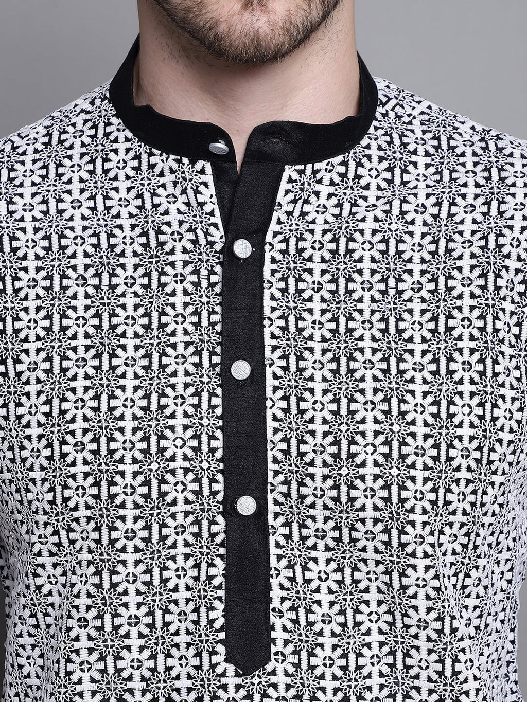 Jompers Men's Sequin Embroidered Silk Blend Kurta with Pyjamas - Black