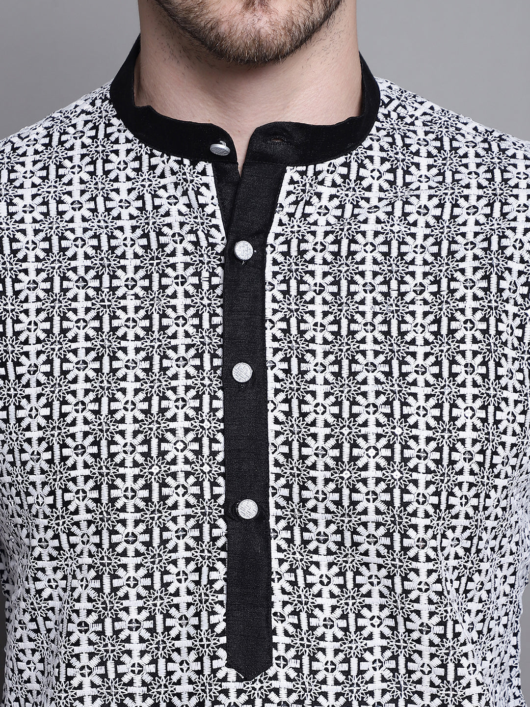 Jompers Men's Sequin Embroidered Silk Blend Kurta with Pyjamas - Black