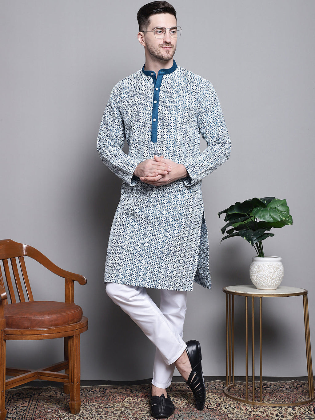 Jompers Men's Sequin Embroidered Silk Blend Kurta with Pyjamas - Peacock