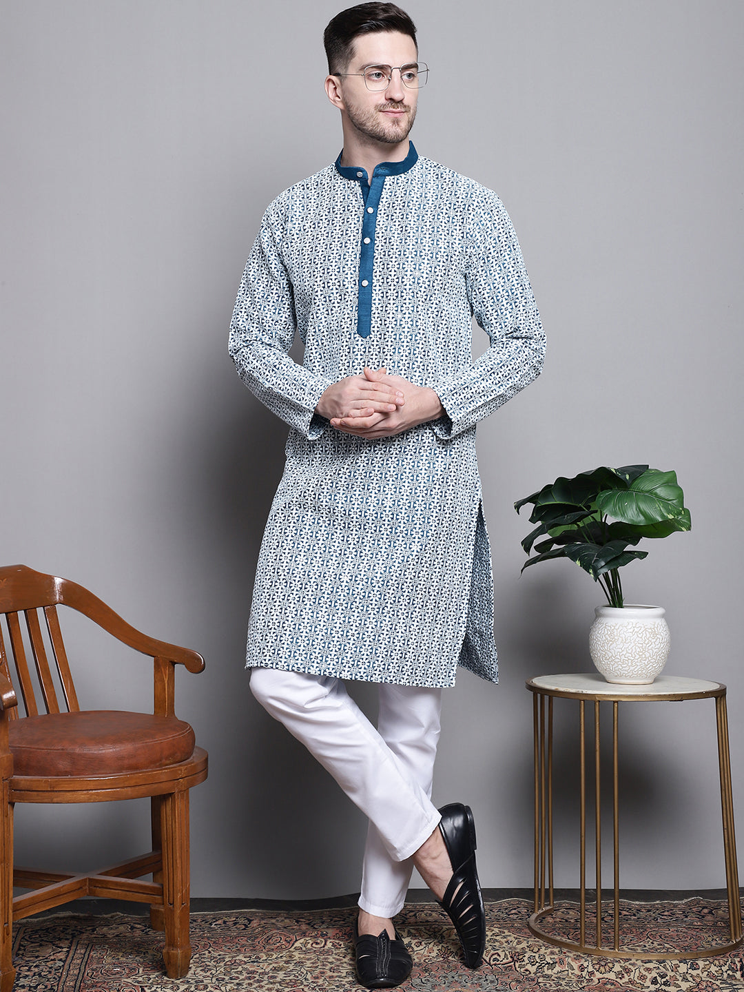 Jompers Men's Sequin Embroidered Silk Blend Kurta with Pyjamas - Peacock