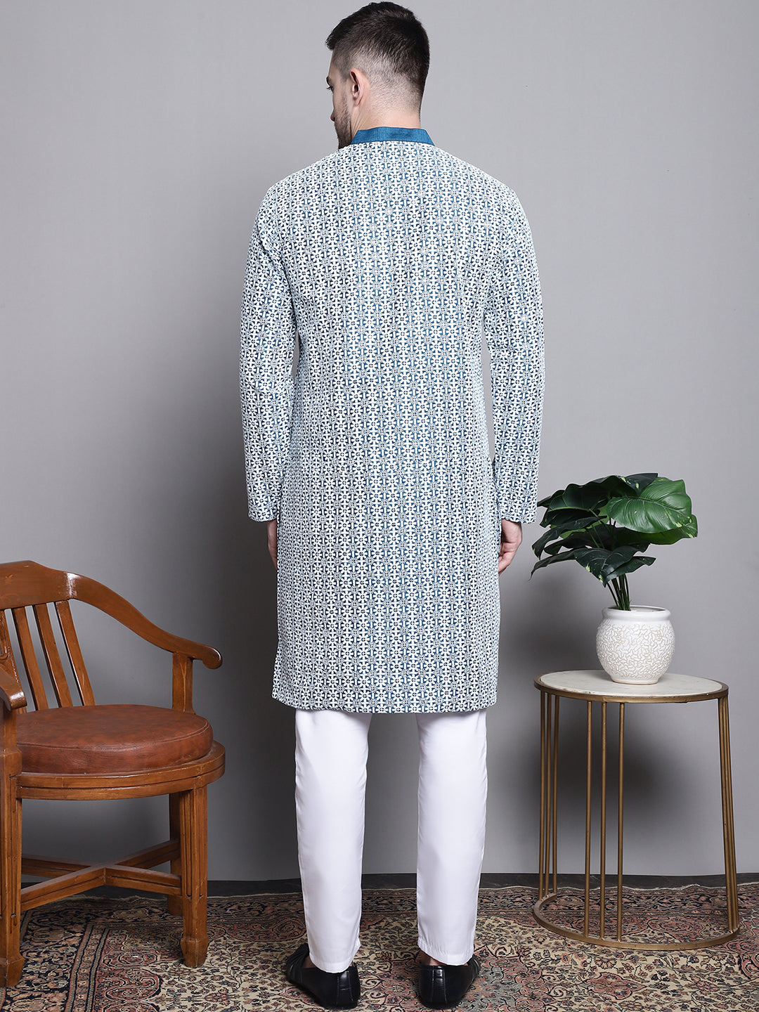Jompers Men's Sequin Embroidered Silk Blend Kurta with Pyjamas - Peacock