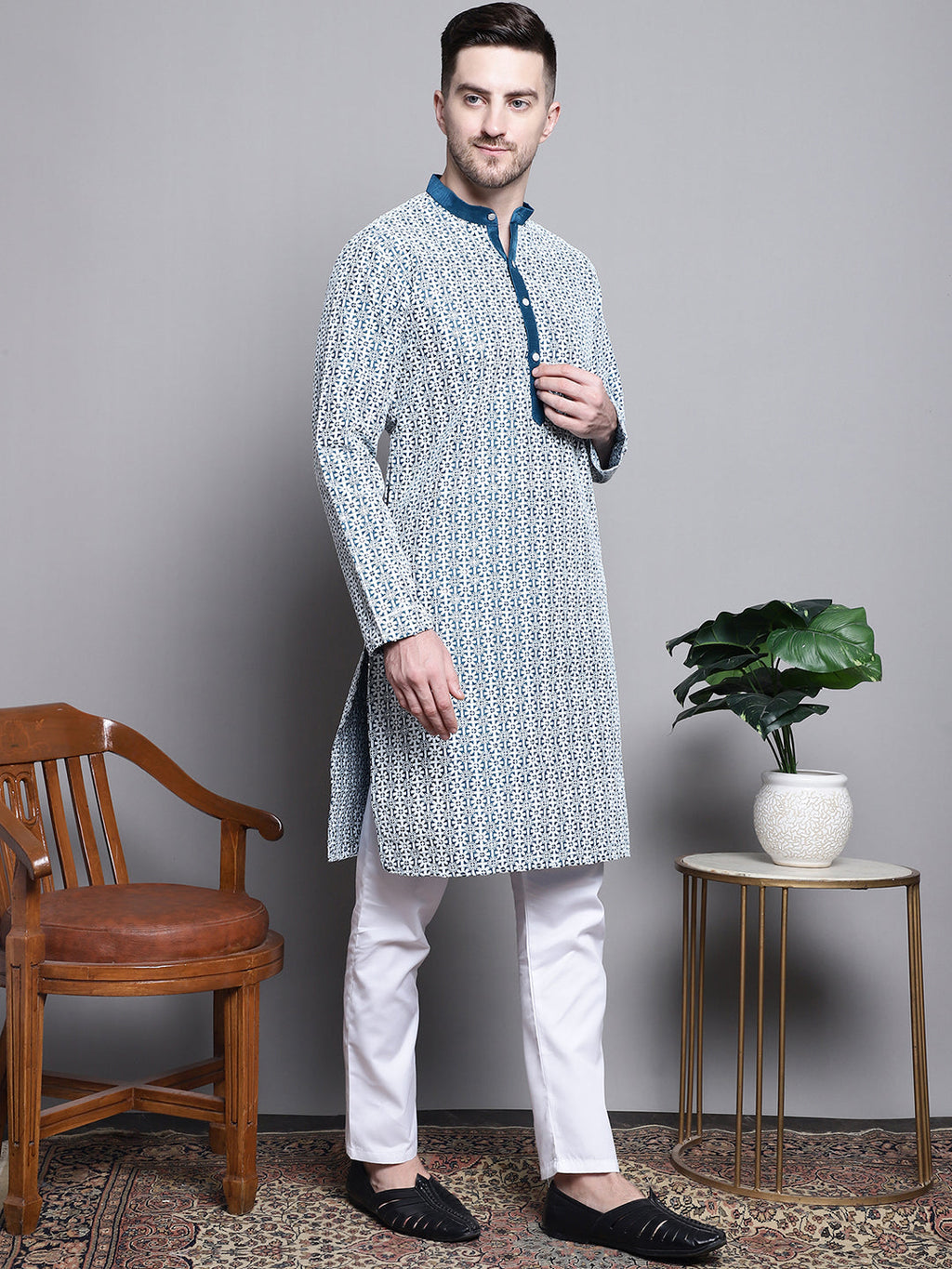 Jompers Men's Sequin Embroidered Silk Blend Kurta with Pyjamas - Peacock