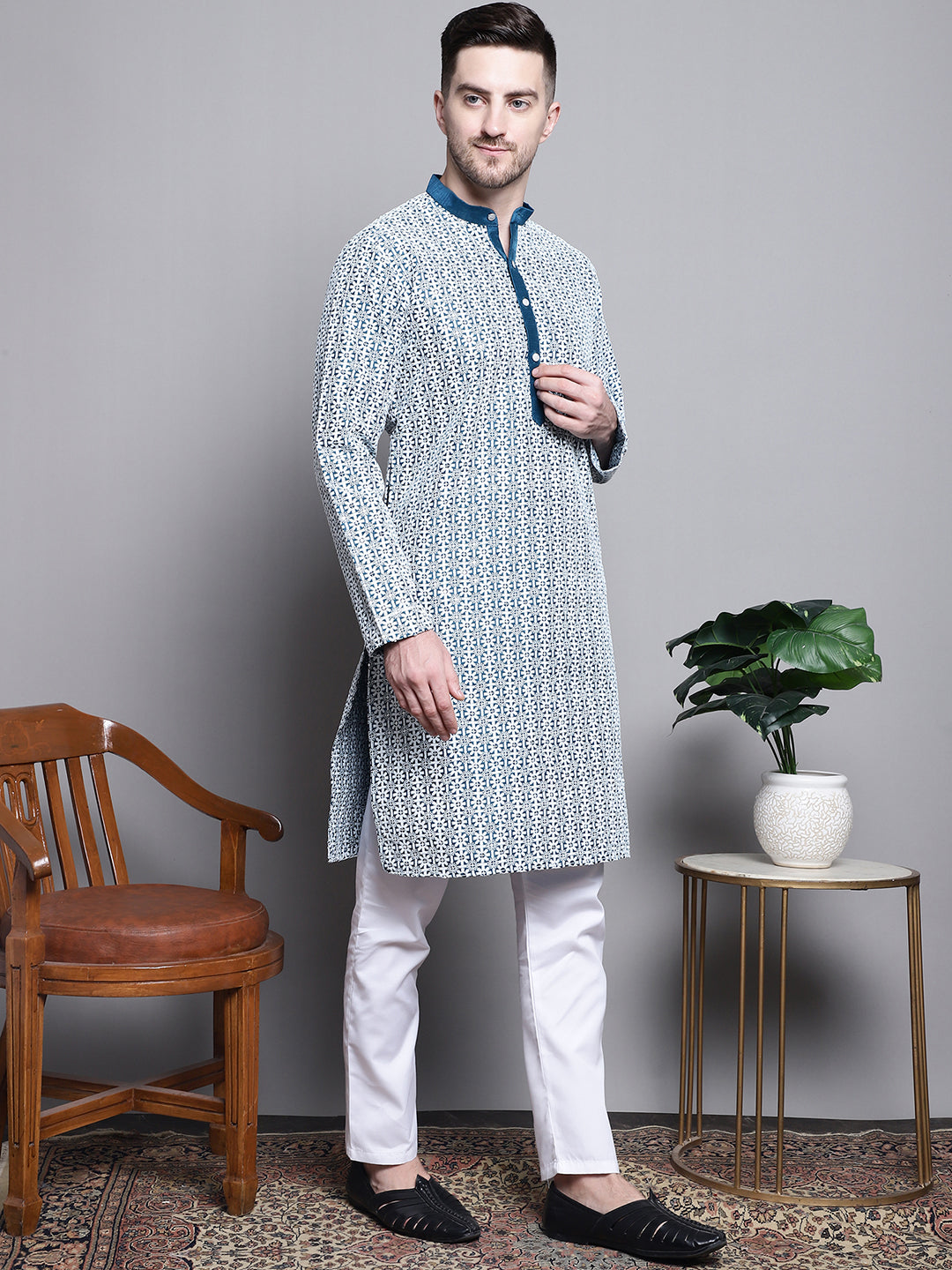 Jompers Men's Sequin Embroidered Silk Blend Kurta with Pyjamas - Peacock