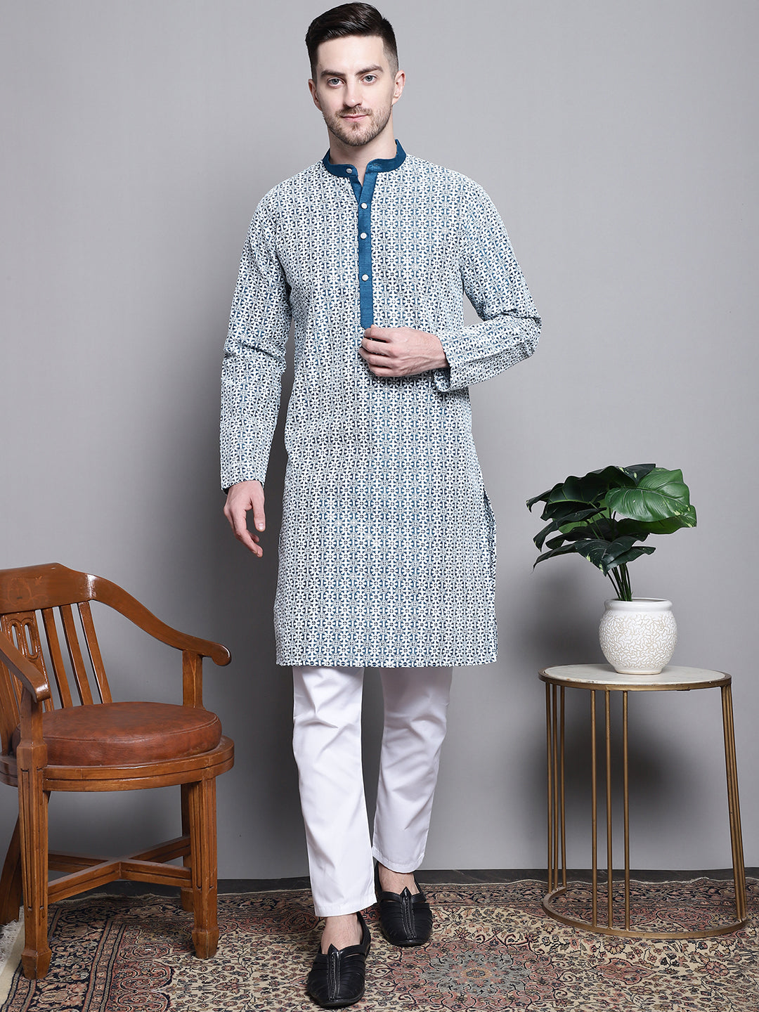 Jompers Men's Sequin Embroidered Silk Blend Kurta with Pyjamas - Peacock