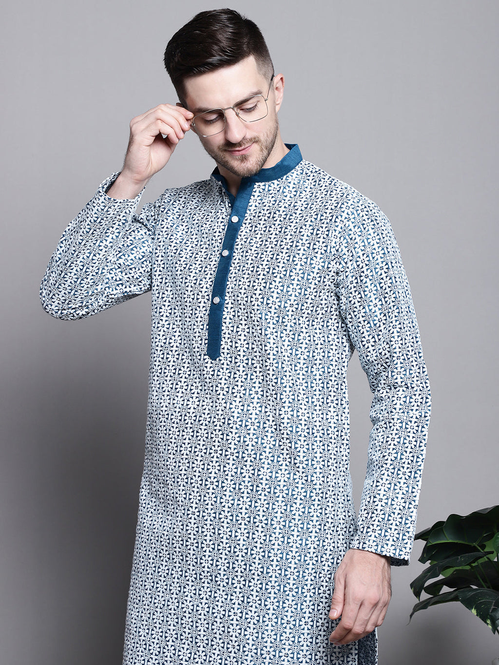 Jompers Men's Sequin Embroidered Silk Blend Kurta with Pyjamas - Peacock