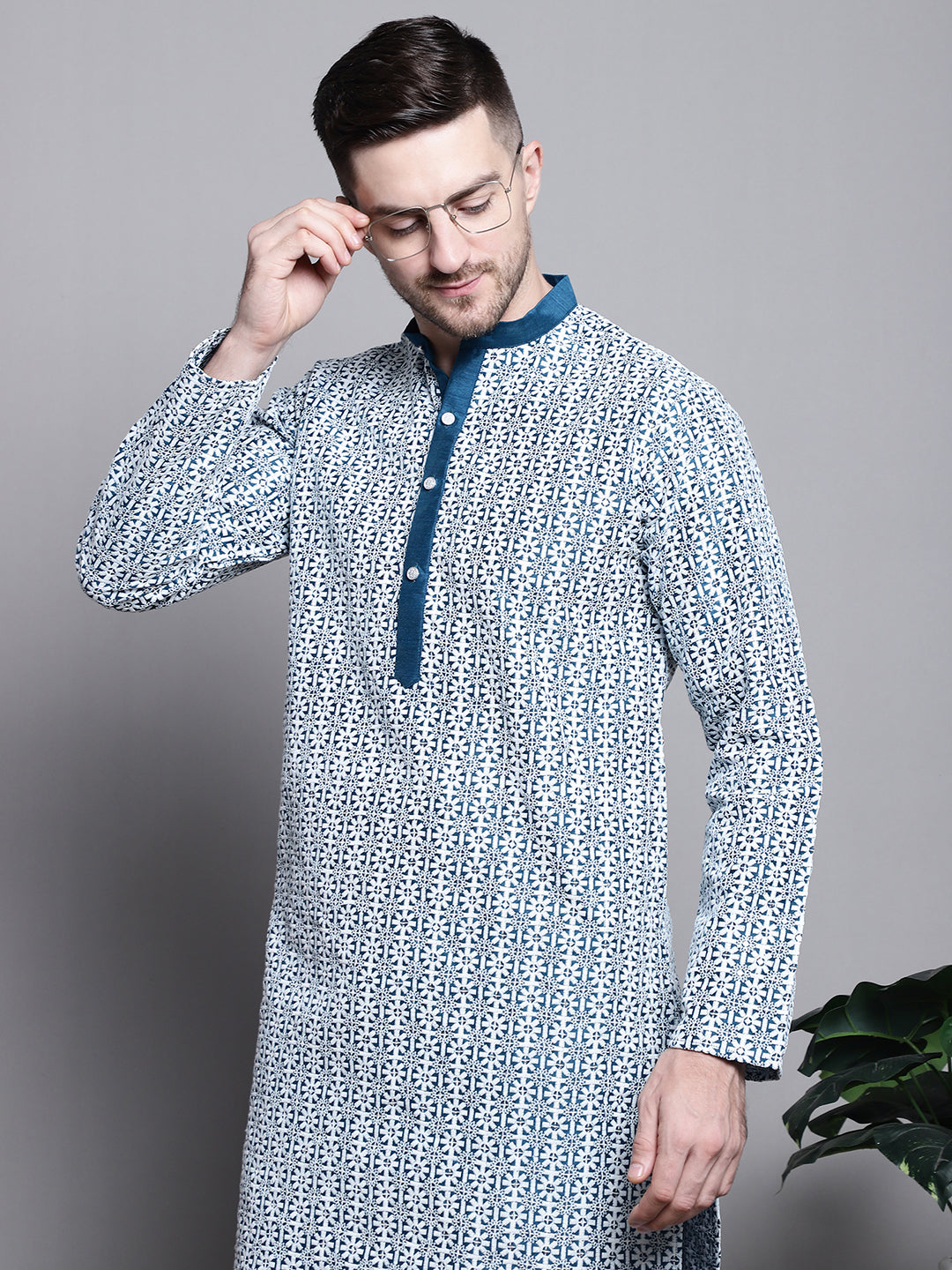 Jompers Men's Sequin Embroidered Silk Blend Kurta with Pyjamas - Peacock