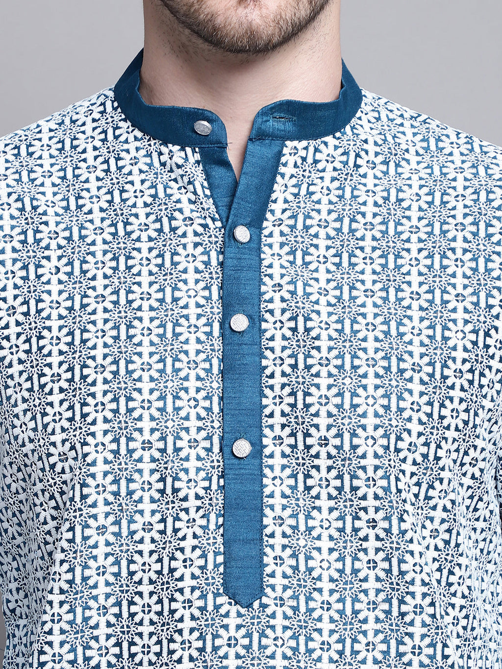 Jompers Men's Sequin Embroidered Silk Blend Kurta with Pyjamas - Peacock