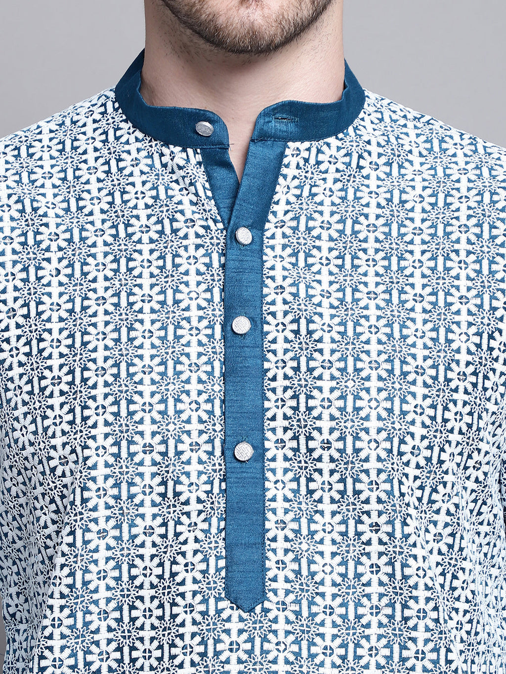 Jompers Men's Sequin Embroidered Silk Blend Kurta with Pyjamas - Peacock