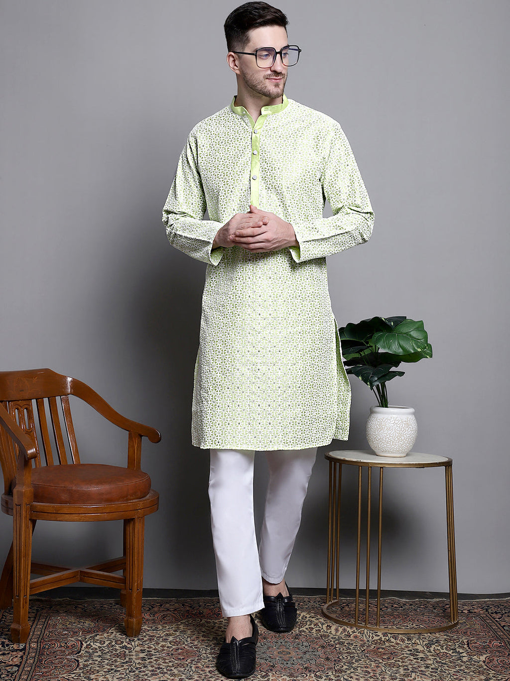 Jompers Men's Sequin Embroidered Silk Blend Kurta with Pyjamas - Pista
