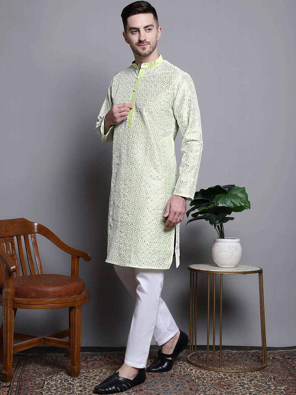 Jompers Men's Sequin Embroidered Silk Blend Kurta with Pyjamas - Pista