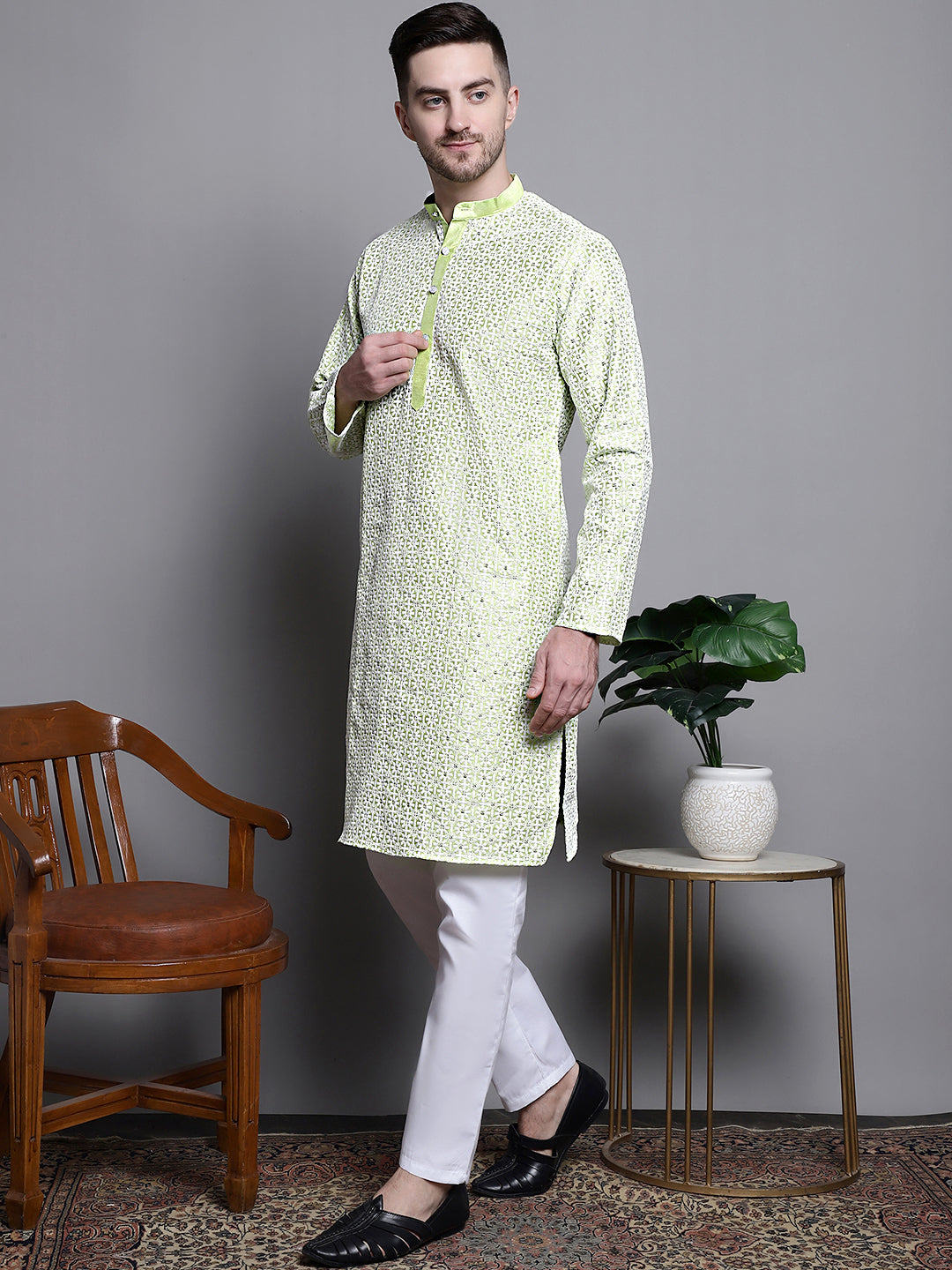 Jompers Men's Sequin Embroidered Silk Blend Kurta with Pyjamas - Pista