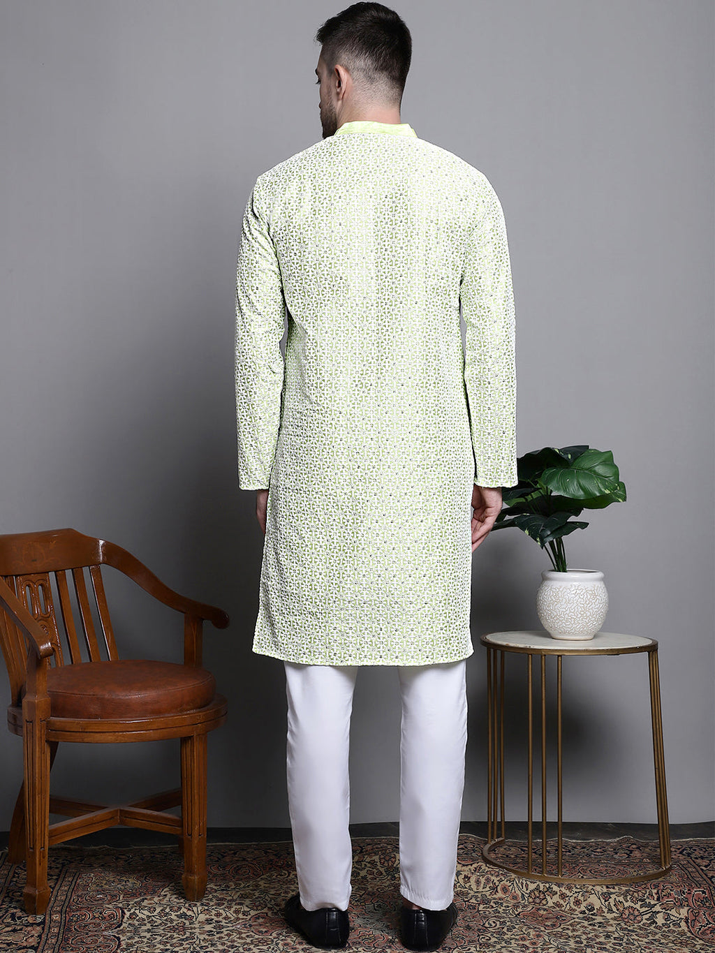 Jompers Men's Sequin Embroidered Silk Blend Kurta with Pyjamas - Pista