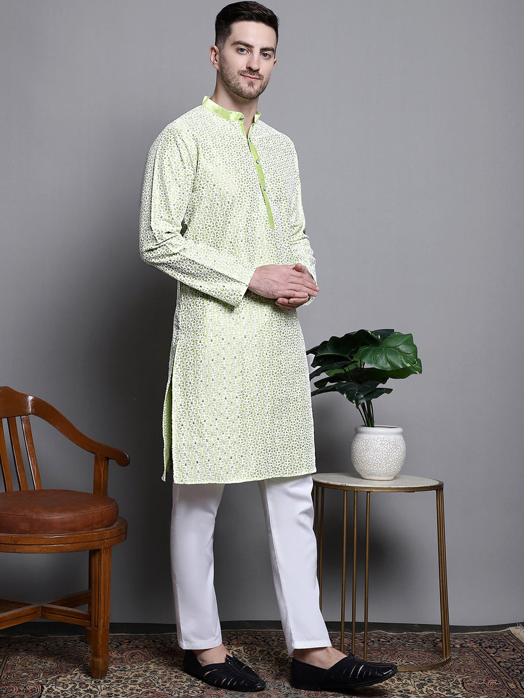 Jompers Men's Sequin Embroidered Silk Blend Kurta with Pyjamas - Pista