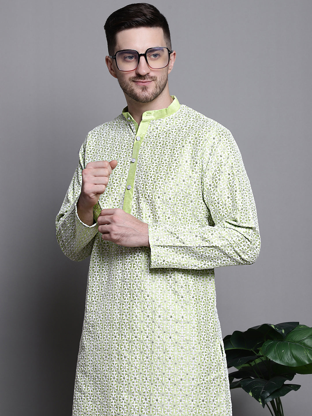 Jompers Men's Sequin Embroidered Silk Blend Kurta with Pyjamas - Pista