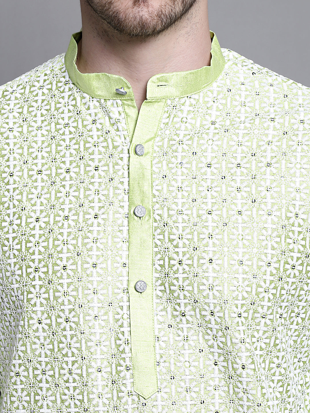 Jompers Men's Sequin Embroidered Silk Blend Kurta with Pyjamas - Pista