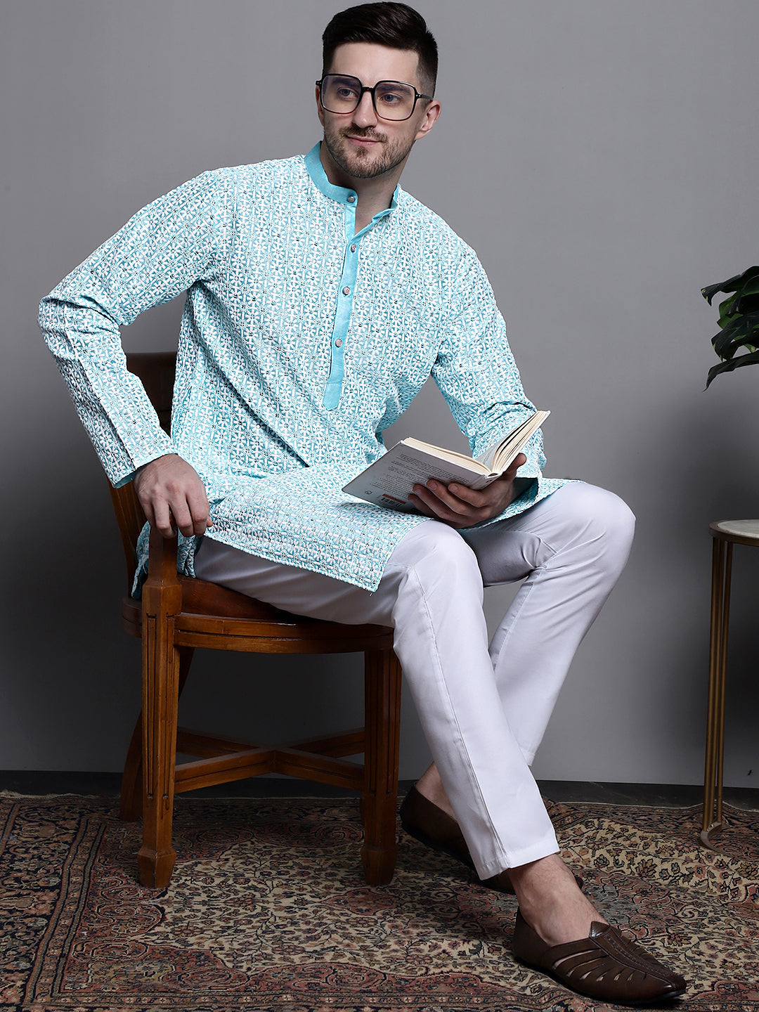 Jompers Men's Sequin Embroidered Silk Blend Kurta with Pyjamas - Sky Blue