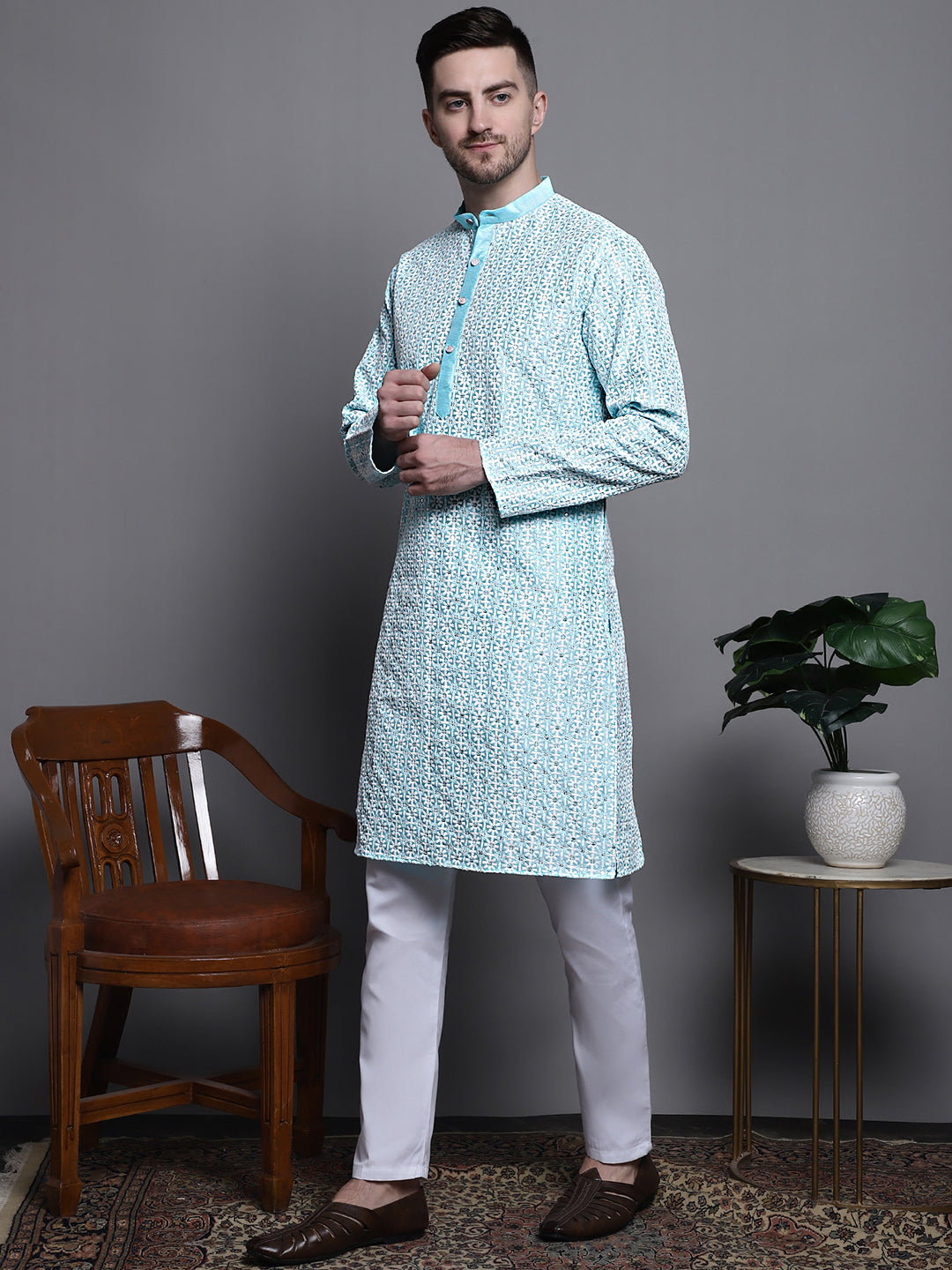 Jompers Men's Sequin Embroidered Silk Blend Kurta with Pyjamas - Sky Blue