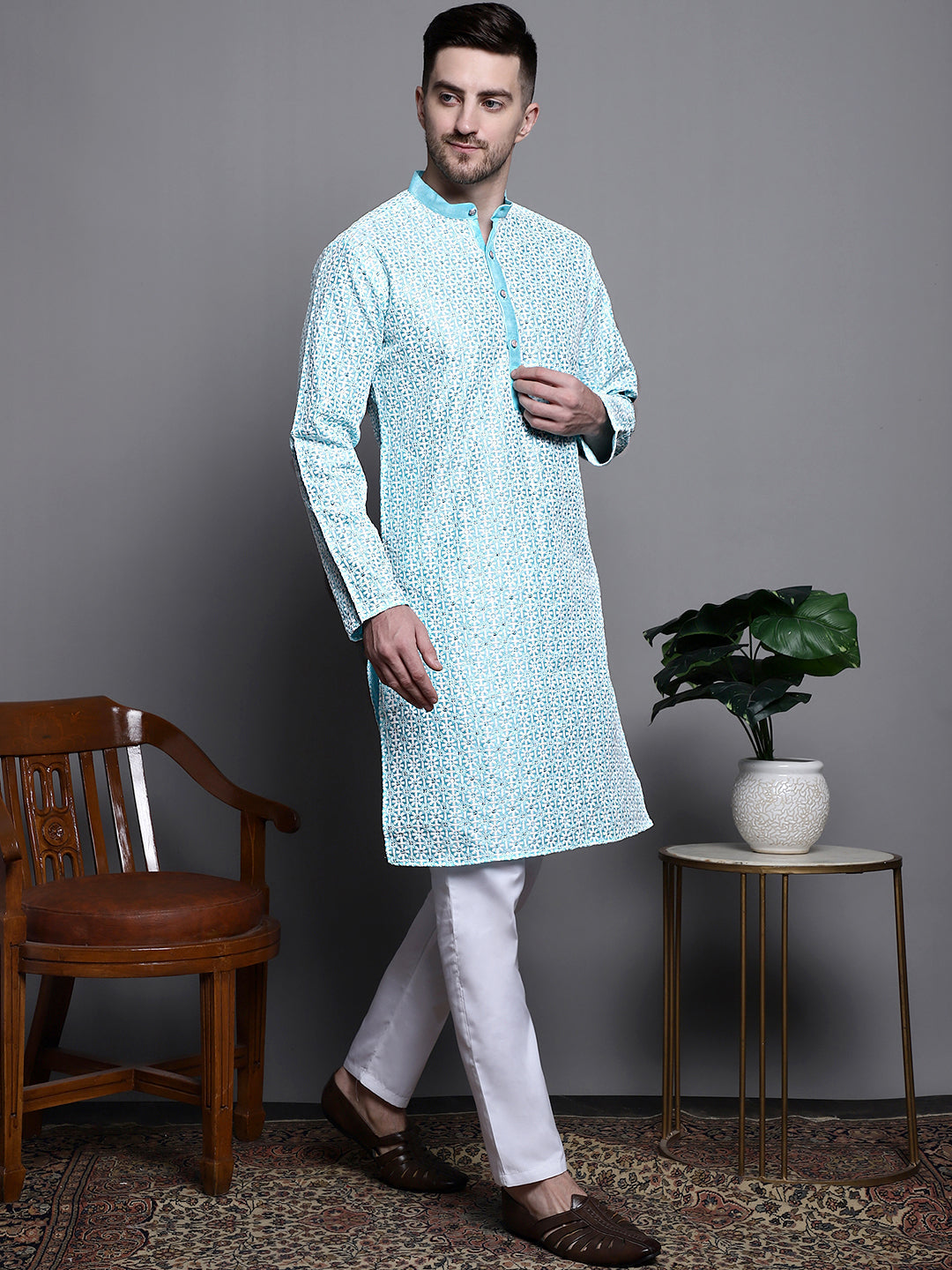 Jompers Men's Sequin Embroidered Silk Blend Kurta with Pyjamas - Sky Blue