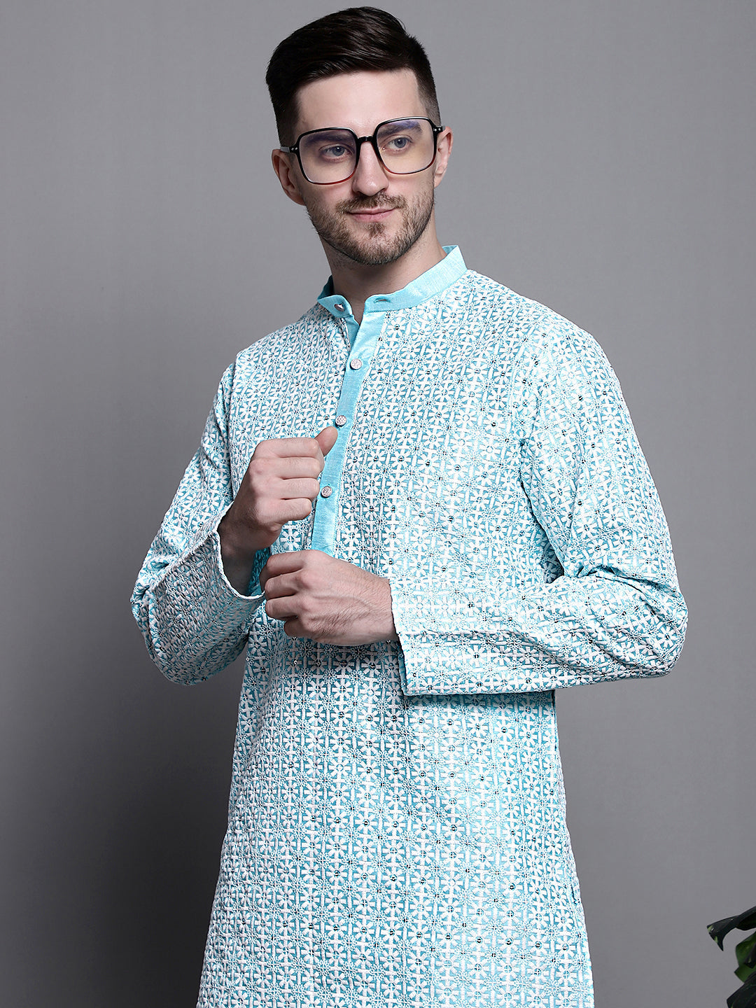 Jompers Men's Sequin Embroidered Silk Blend Kurta with Pyjamas - Sky Blue