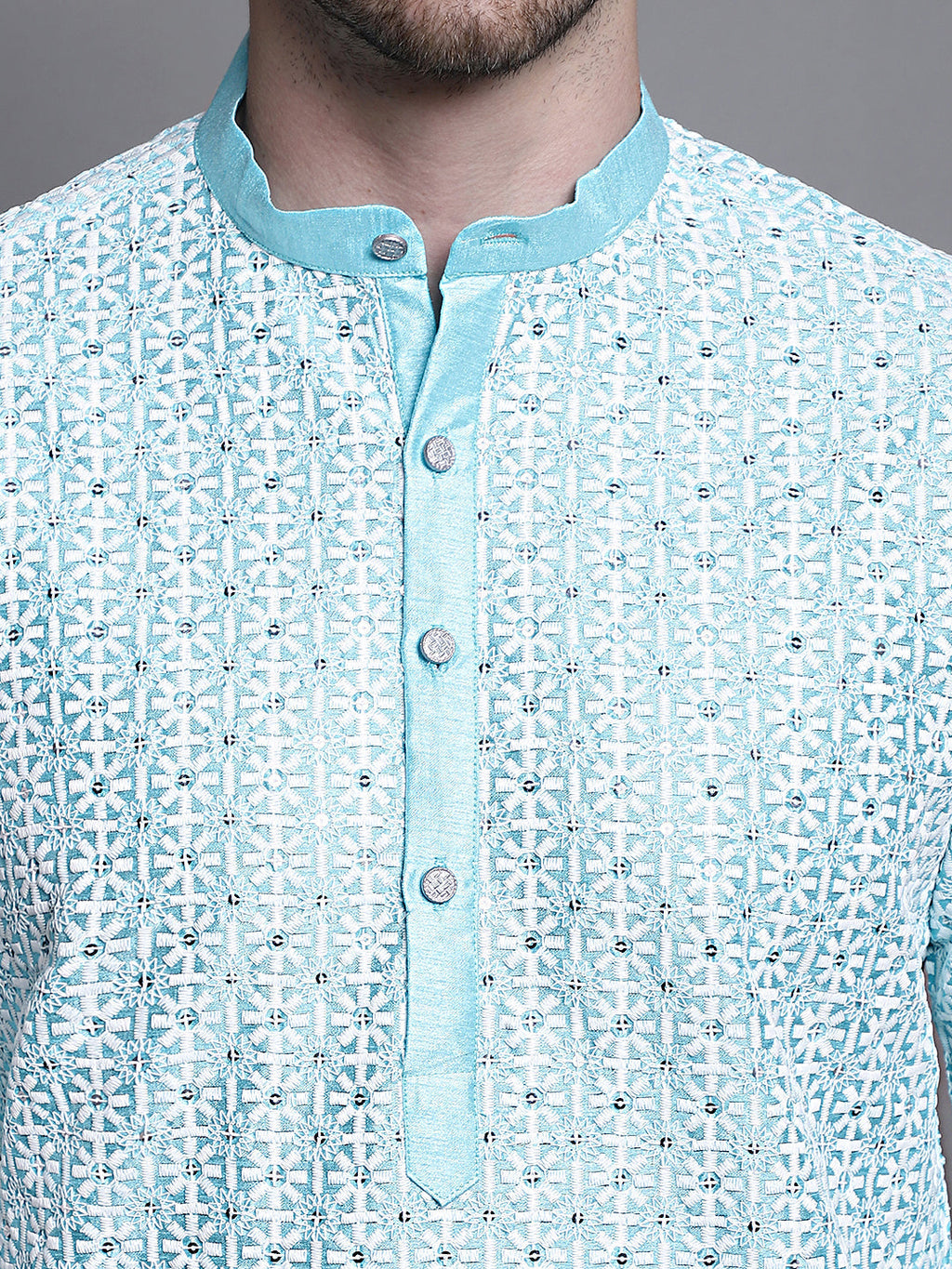 Jompers Men's Sequin Embroidered Silk Blend Kurta with Pyjamas - Sky Blue