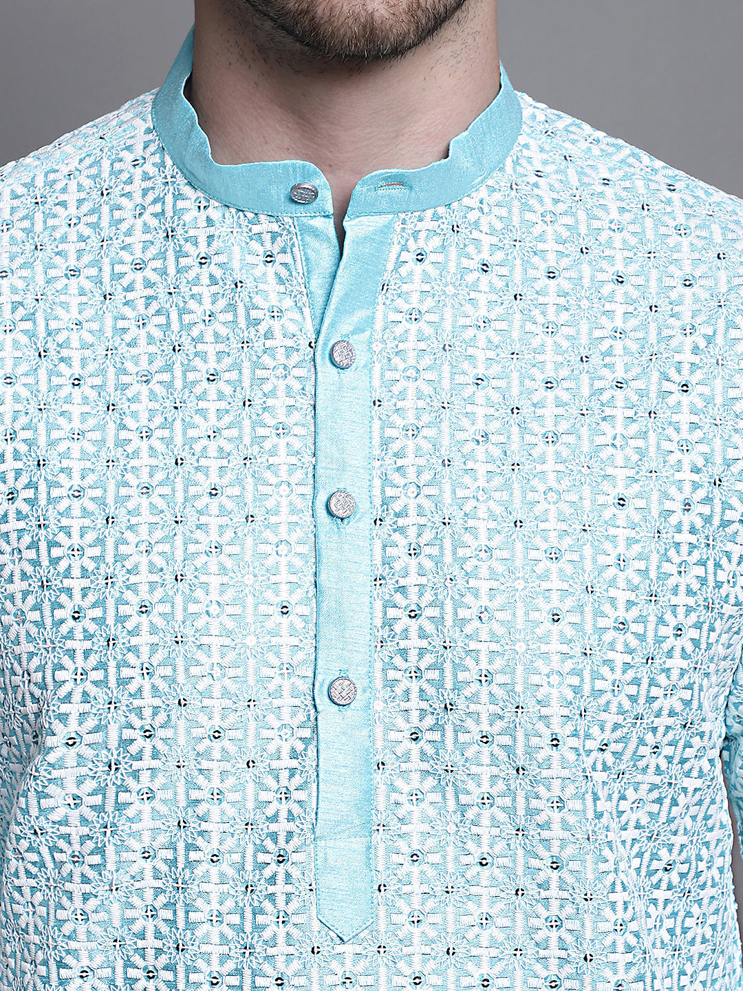 Jompers Men's Sequin Embroidered Silk Blend Kurta with Pyjamas - Sky Blue