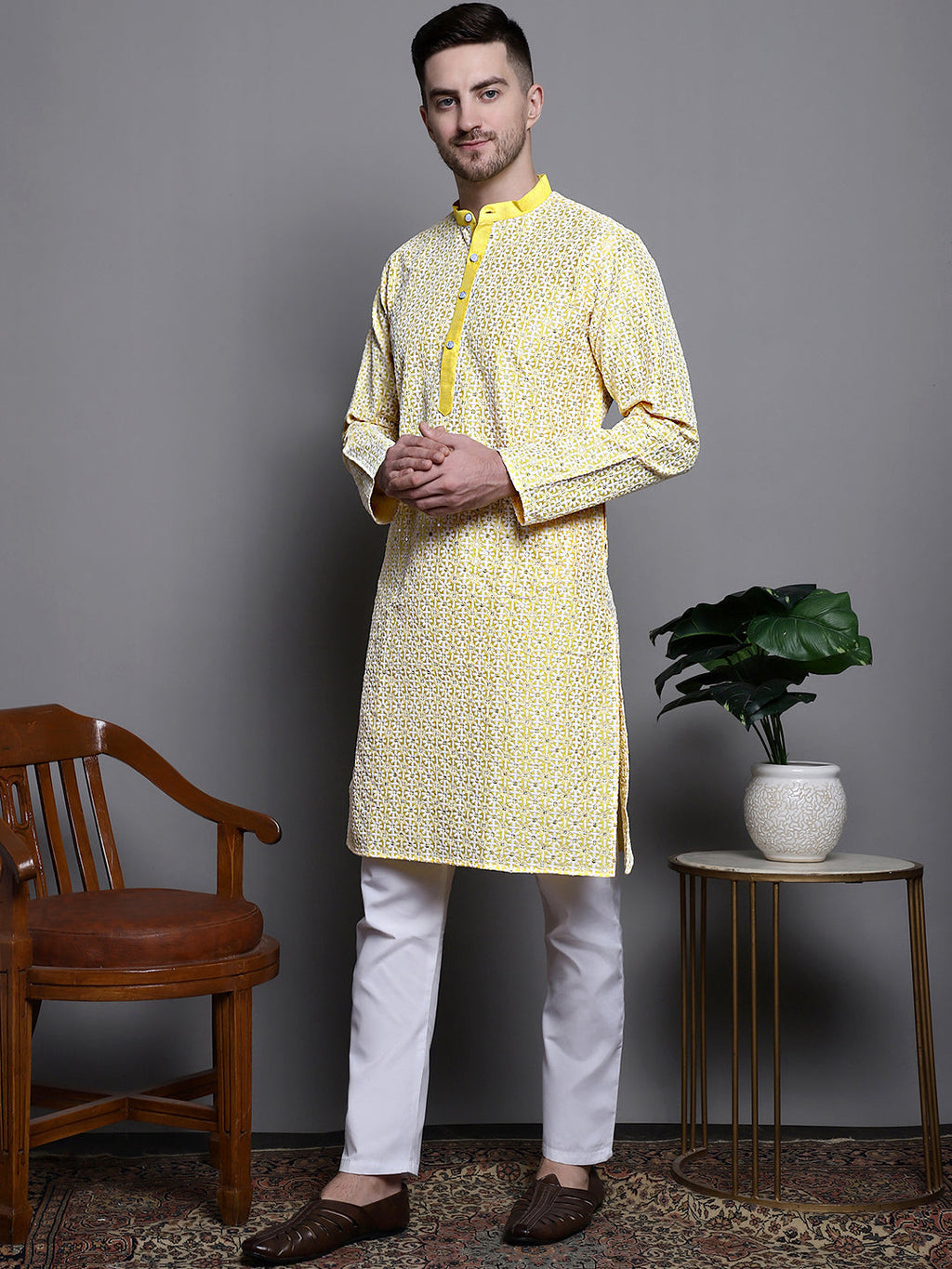 Jompers Men's Sequin Embroidered Silk Blend Kurta with Pyjamas - Yellow