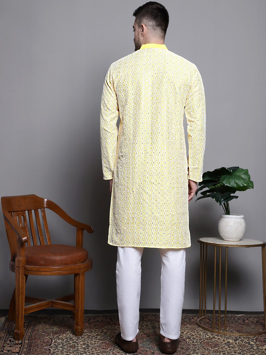 Jompers Men's Sequin Embroidered Silk Blend Kurta with Pyjamas - Yellow
