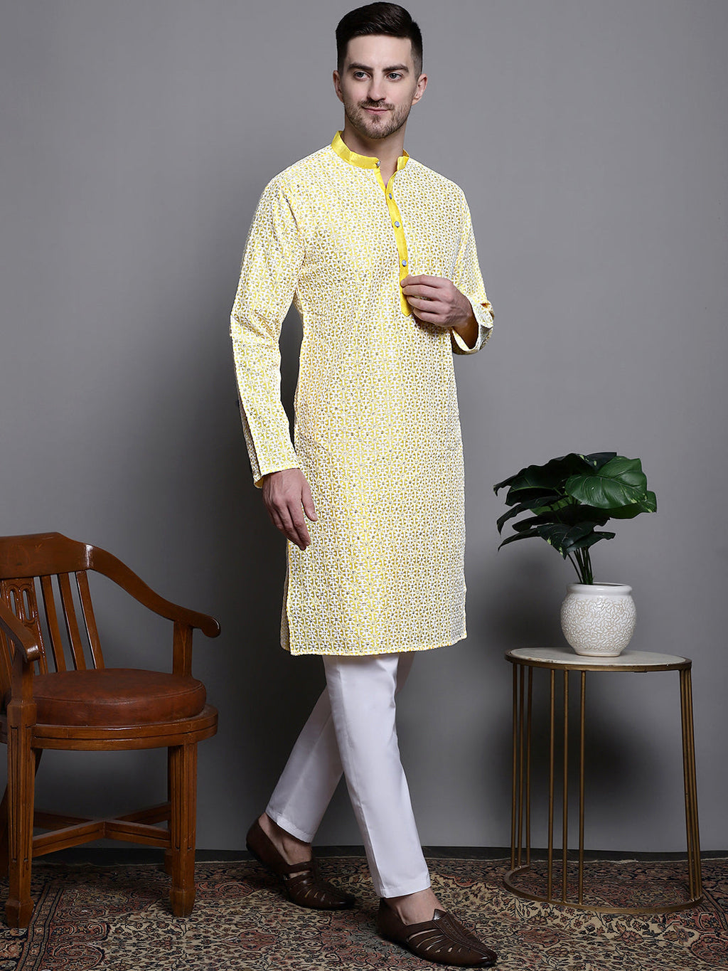 Jompers Men's Sequin Embroidered Silk Blend Kurta with Pyjamas - Yellow