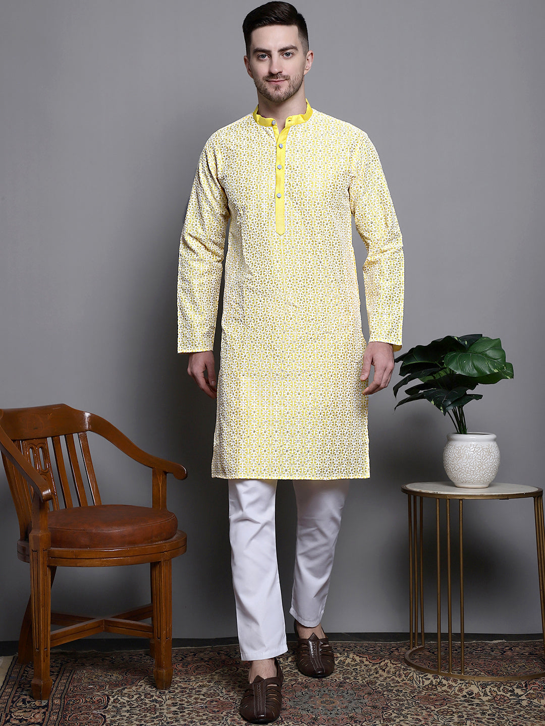 Jompers Men's Sequin Embroidered Silk Blend Kurta with Pyjamas - Yellow