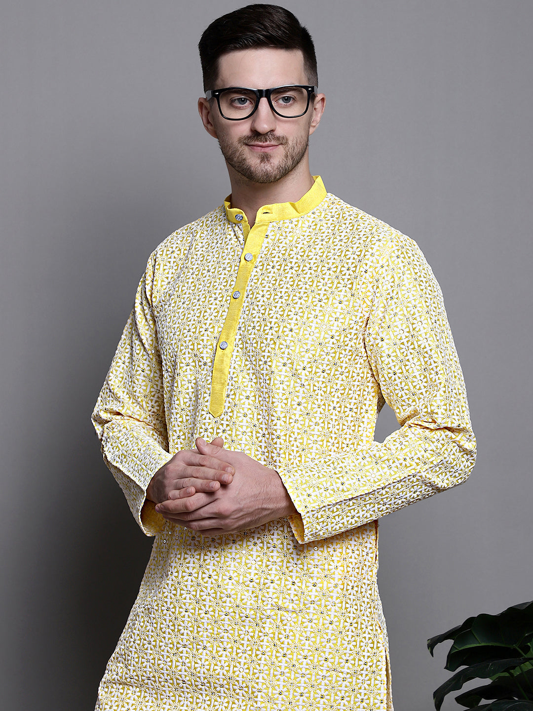 Jompers Men's Sequin Embroidered Silk Blend Kurta with Pyjamas - Yellow