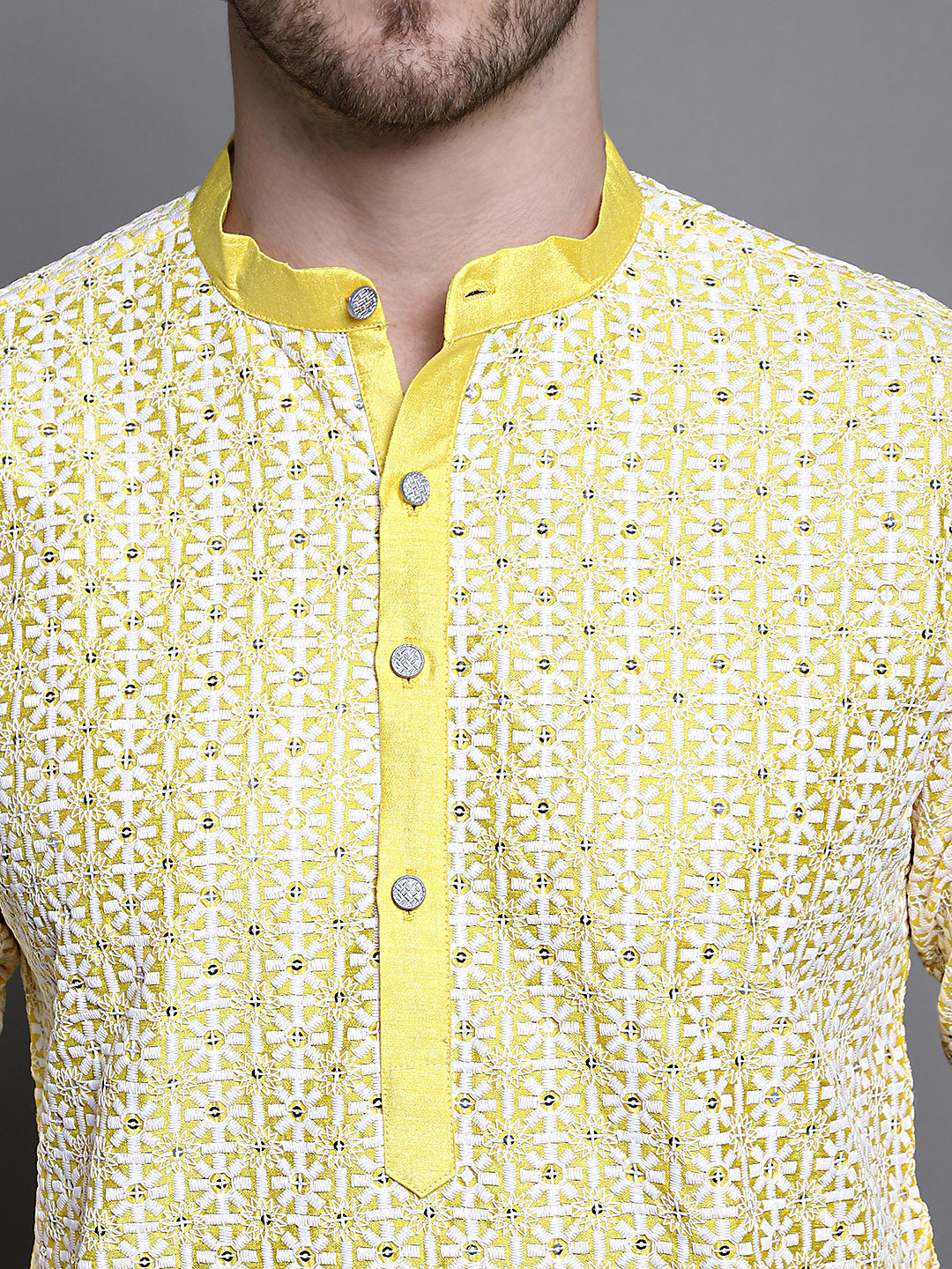 Jompers Men's Sequin Embroidered Silk Blend Kurta with Pyjamas - Yellow