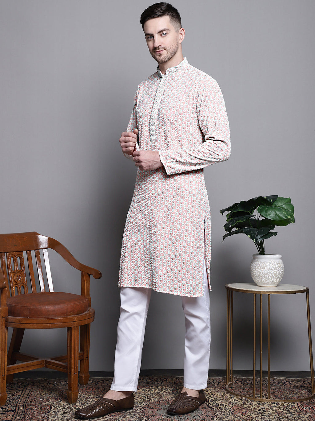Jompers Men's Sequin Embroidered Pure Cotton Kurta with Pyjamas - Peach