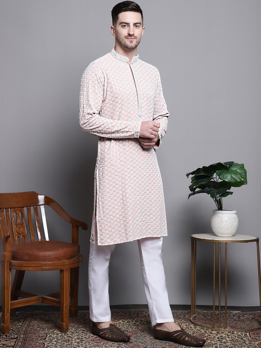 Jompers Men's Sequin Embroidered Pure Cotton Kurta with Pyjamas - Peach