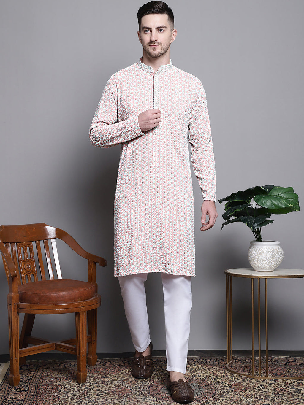 Jompers Men's Sequin Embroidered Pure Cotton Kurta with Pyjamas - Peach