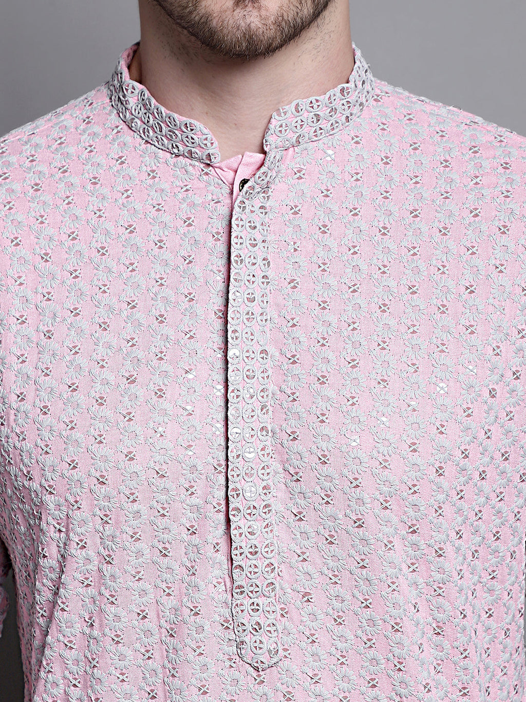 Jompers Men's Sequin Embroidered Pure Cotton Kurta with Pyjamas - Pink