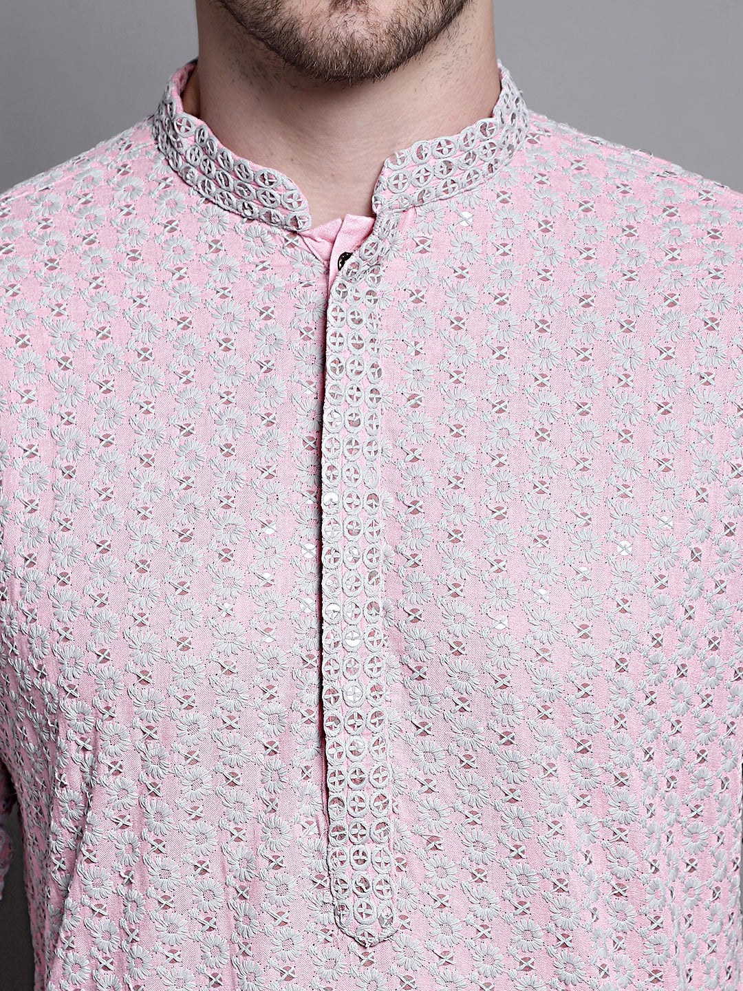Jompers Men's Sequin Embroidered Pure Cotton Kurta with Pyjamas - Pink