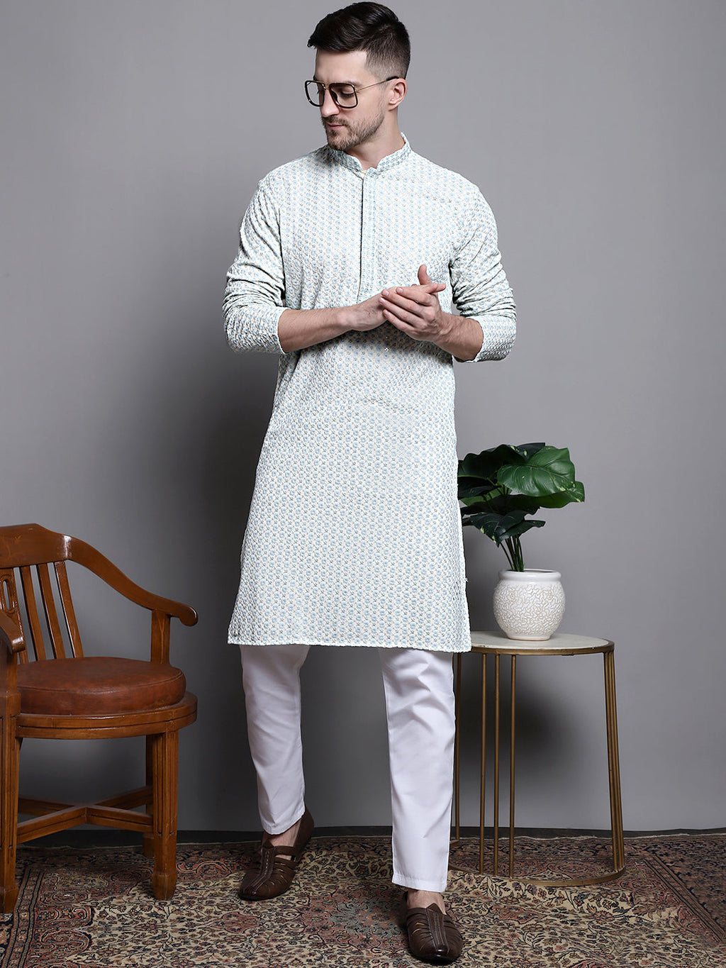 Jompers Men's Sequin Embroidered Pure Cotton Kurta with Pyjamas - Yellow